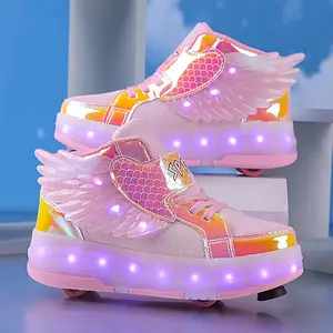 2026 New Beautiful Girls' And Boys' Teenagers' Student Roller Shoes Fashion Shoes Small Four-Wheel LED Light-Emitting Shoes Ice Skates Outdoor Roller Shoes Boys And Girls with Wings Shoelaces Brakes Birthday Gifts Christmas Halloween T