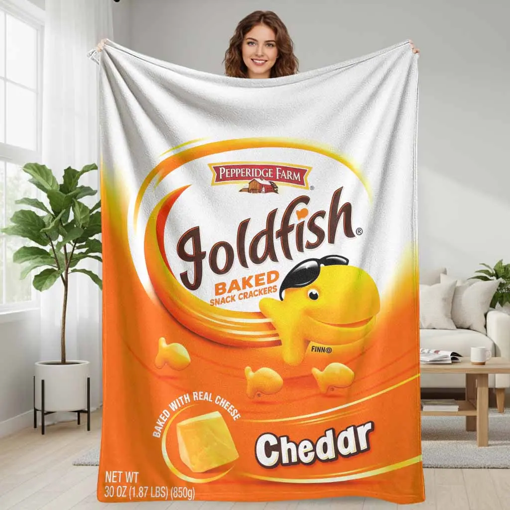 Cheddar Goldfish Flannel Blanket  Snack Cracker Print  Soft Warm Cozy Lightweight Plush Throw  Fade Resistant  Perfect for Couch  Bedroom  Office Nap  Travel  Movie Night  Friends Gift  Home Decor Use, Cozy Aesthetic, Wrinkle Resistant
