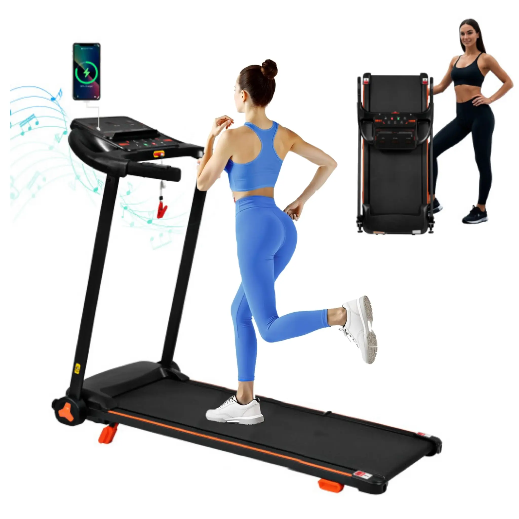 Folding Treadmill for Home, 2.5HP Quiet with 300LBS Weight Capacity, Heart Rate Sensor, 7.5MPH, Incline, USB Charge & Bluetooth Speaker, 6 Shock-Absorbing