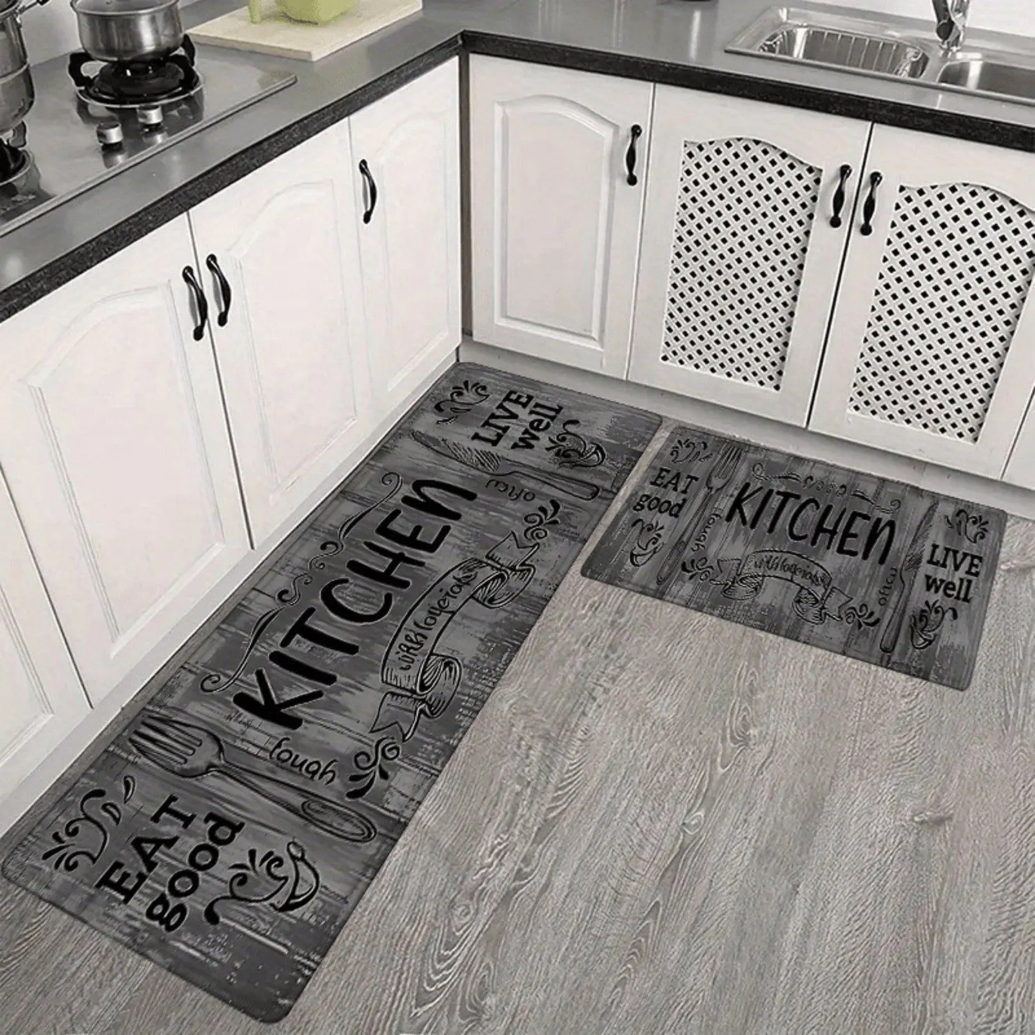 Flannel Kitchen Mat Grey Vintage Wood KITCHEN Letter Eat Good Live Well Print Absorbent Non-Slip Floor Rug Washable Anti Fatigue Doormat for Kitchen Entrance Home Decor