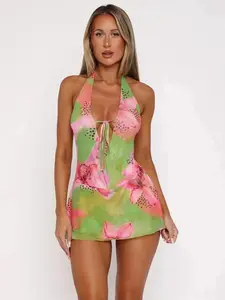 New Model Women's Floral Print Halter Neck Dress Casual Sleeveless Short Mini Summer Beach Vacation Flowy Boho Bohemian Sundress, Elegant, Formal, Versatile, Comfort, Wear, Style, Outfit, Essential, Trendy