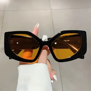 Women’s Polygonal Cat Eye Modern Sunglasses - Black Frame Unisex Tinted Lens Dark-Tint Metallic Sleek Non-Prescription Glasses, Geometric Design, Durable Metal Hinge Structure, Suitable for Daily & Formal Wear