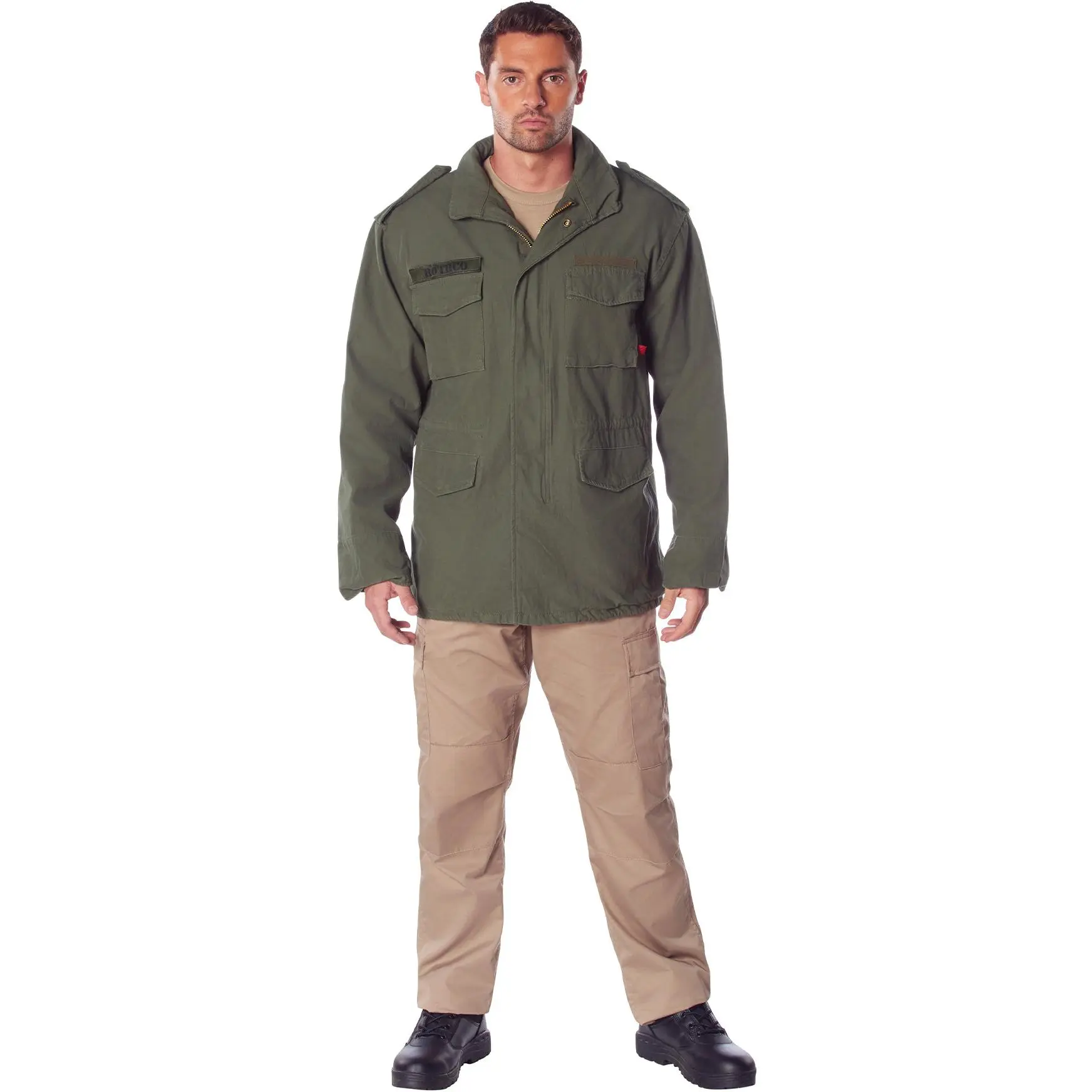 Men's Olive Drab M-65 Field Jacket - Vintage Army Menswear Shell Coat, Casual Long-Sleeve Plain Heavyweight Washed Cotton with Pockets, Concealed Hood, Brass Zipper, Storm Flap, 2 Hook-and-Loop Chest Tabs, Branch Tape, Drawstring, Ball Accent