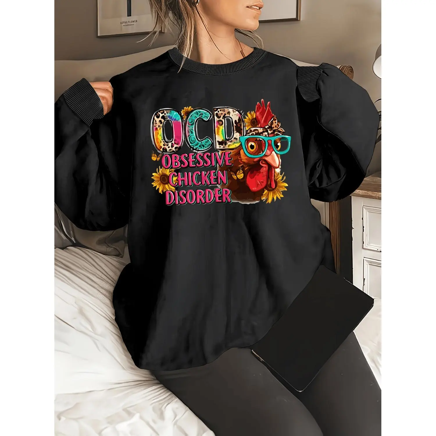 Plus Size Casual Pullover Sweatshirt Featuring Women's Letter Floral And Chicken Print Long Sleeve Round Neck Sweatshirt