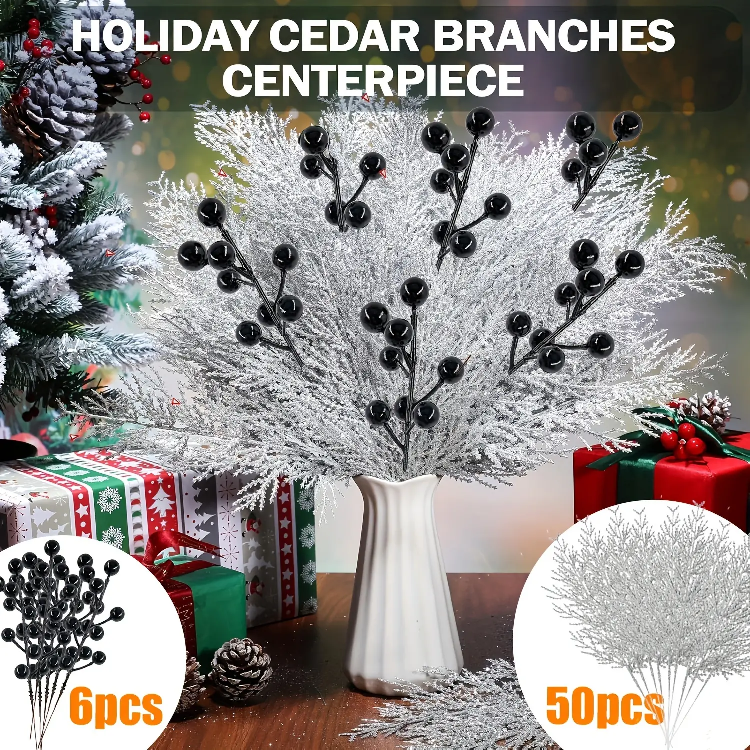 56-Piece Christmas Artificial Decor Set - Plastic ABS PVC Silver Pine Branches (50x14in), Glitter Finish Black Berry Pine Stems Picks (6x7.8in) with Silver Leaves Needles for Vase, Wreath Centerpiece DIY Home Decor