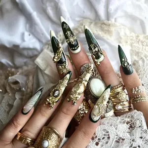 Milky Emerald Green Press-On Nails, Handmade Luxury Set with 3D Charm & Gold Cross Design, Elegant False Nails for Royal Party
