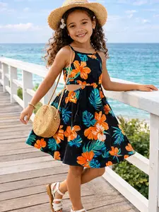 Girls Tropical Floral Vacation Dress, Casual Sleeveless Design, Fitted Knee Length for Summer Beach Outings