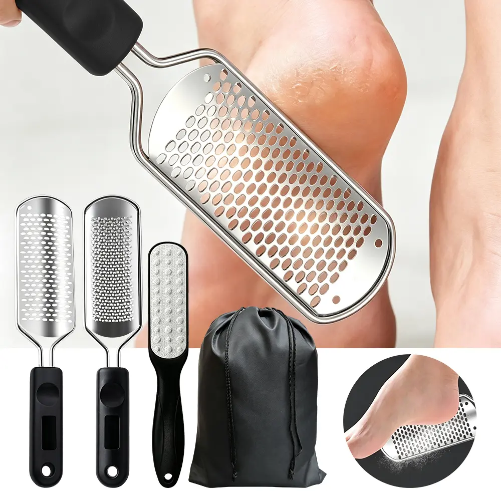Foot File Callus Remover Set, 3 Pcs Stainless Steel Foot Rasp Pedicure Tools with Storage Pouch, Professional Foot Scrubber for Dry Wet Feet, Buff Away Dead Skin & Rough Calloused Skin for Home Foot Spa Care