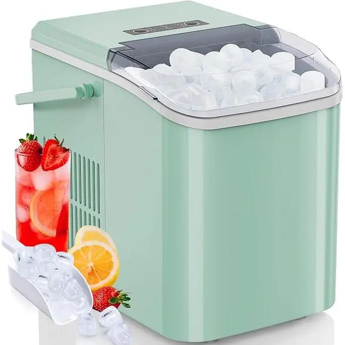 Countertop Ice Maker Machine Self-Cleaning, Fast Making 9 Ice Cubes in 6 Minutes, 26.5lbs/24Hrs, 2 Sizes Bullet Ice, Portable Ice Machine with Ice Scoop, Basket and Handle, Green Ice Maker Countertop, 9 Cubes Ready in 6 Mins, 26lbs in 24Hrs, Self-Cleaning