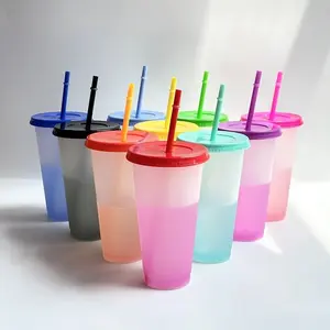 10 Plastic Color-Changing Cups with Lids and Straws, 24oz (710ML), Reusable Party Cups for Adults Kids Women, Cold Drinks