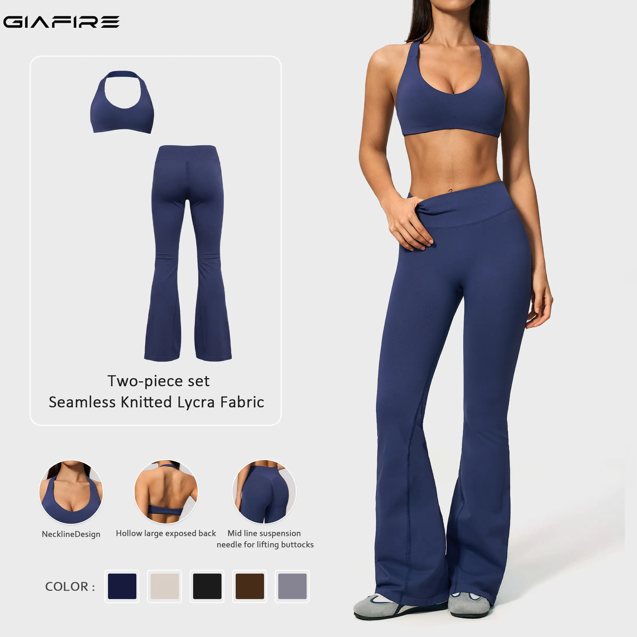 GIAFIRE Women's Seamless LYCRA Ultra-Stretch Yoga Workout Set, breathable shock-absorbing skin-hugging sports bra and high-waisted hip-lifting flare yoga pants, suitable for Pilates, gym, outdoor running and daily casual wear