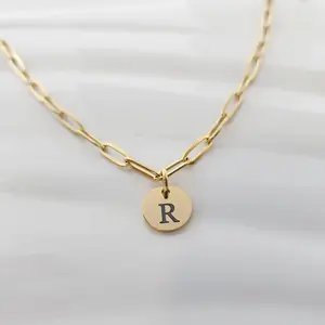 Custom Initial Tag Necklace, Paperclip Chain, Personalized Monogram Dainty Necklace, Coin Letter Charm