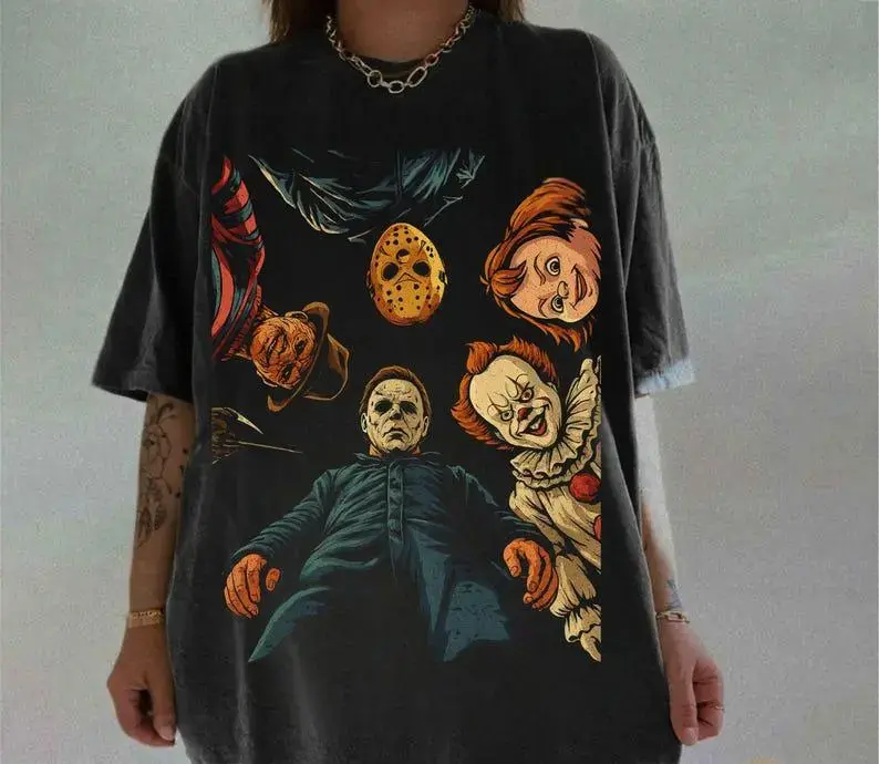 Women's Vintage Halloween Cotton T-Shirt, Casual Short-Sleeve Streetwear Top with Horror Movie Crisp Scary Graphic, Loose Fit, Round Neck, Creepy Cute, All Seasons, Size M