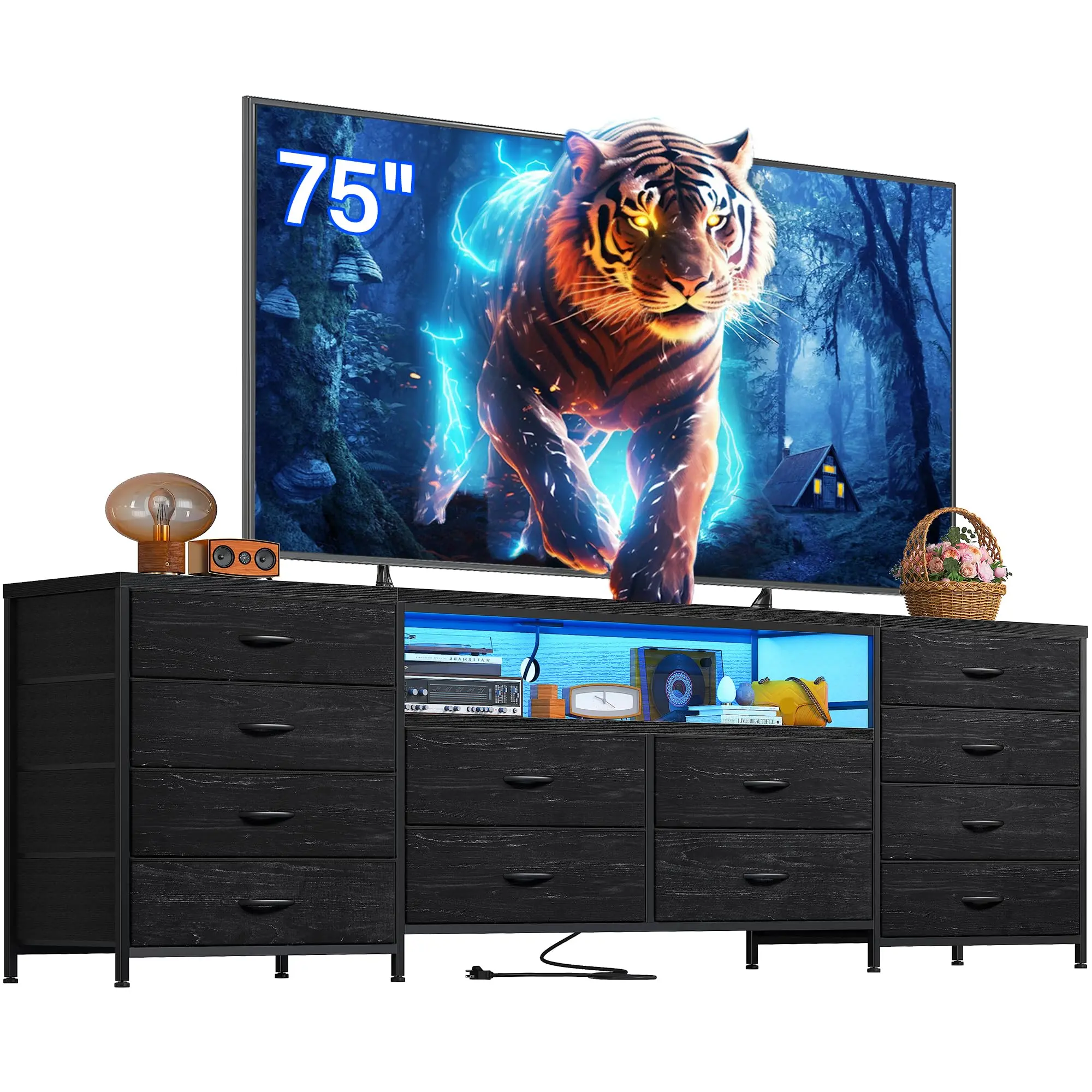 Raybee Furniture Fits 75" TV Stand Dresser for 65 70 75 Inch TV 63"W Dresser TV Stand for Bedroom with LED Lights & Power Outlets & 12 Drawers Dresser for Bedroom Long Fabric Dresser Entertainment Center