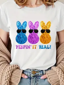 Rabbit Easter Egg Happy Easter Gift 1pc New Women'S Summer T-Shirt, Printed, Short Sleeved Top, White, Red, Black, Green, Pink, Gray, Apricot, for Home, Outdoor, Party, Sports, Work, Vacation