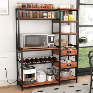 NAIYUFA Bakers Rack with Power Outlet, Microwave Stand with Movable Kitchen tray, Open Storage Shelves, Wine rack, storage Organiser Metal