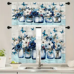 3pcs/ Set Kitchen Curtain Sets, Blue and White Flowers in A Bottle Print Curtain Set, Rod Pocket Valance Curtain Tier, 1 Valance/ 2 Cafe Curtains Tiers, Window Treatment for Kitchen Cafe Living Room Bedroom, Home Decor Foldable Colorful Divider Leaf