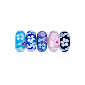 Sterling Silver Romantic Mixed Aqua Blue Black Pink Lilac Floral Flower Glass Charm Bead (5-Pc Set)