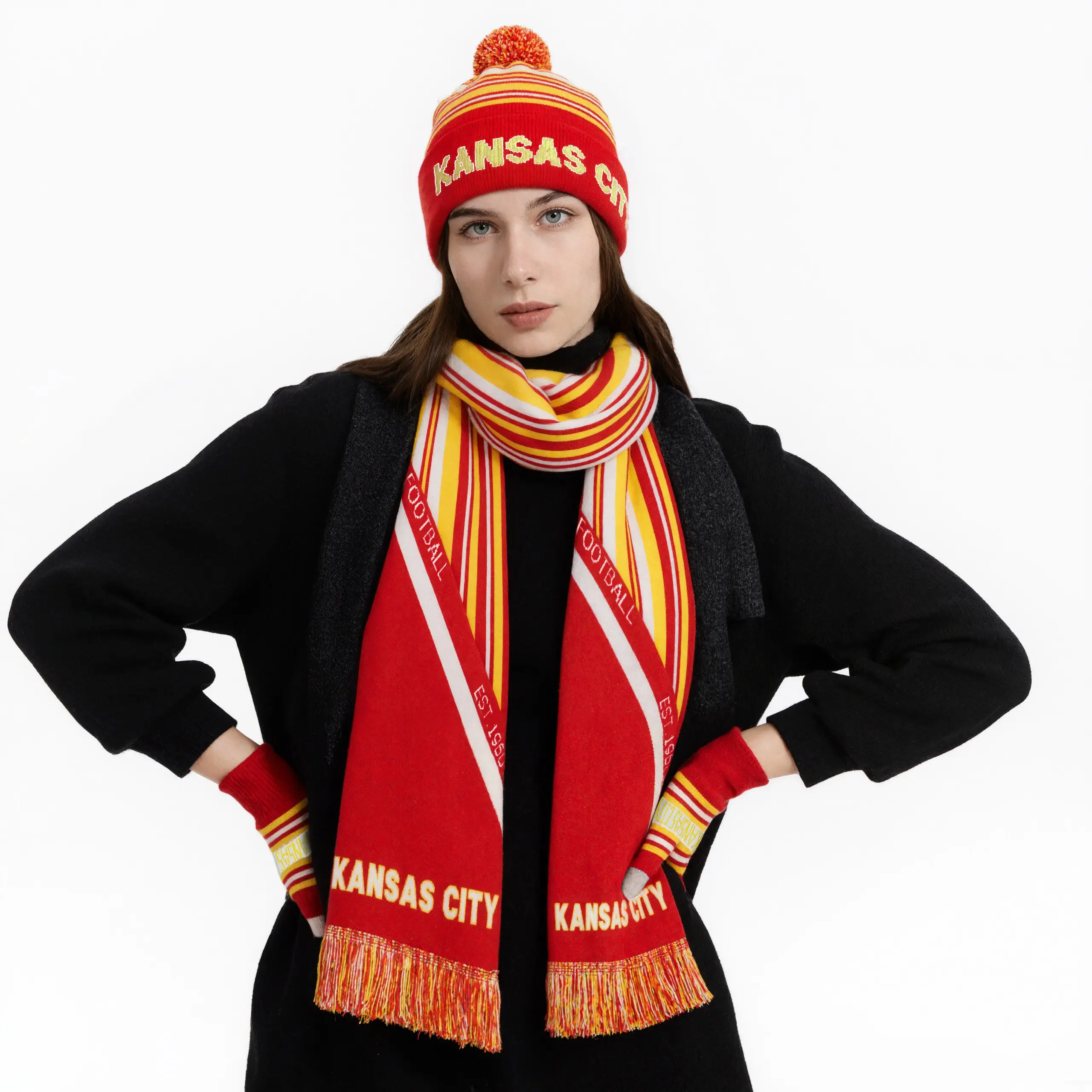 3PCS Knitted Kansas City Ribbed Beanie Scarf & Gloves Set Jacquard Design Elastic Warm Winter Accessories for Football Fans Winter Fashion