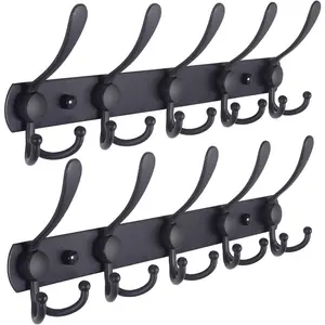 Wall Mounted Coat Rack-5 Tri Hooks, Heavy Duty, Stainless Steel, Metal Coat Hook Rail For Coat, Hat, Towel, Purse, Robes In Mudroom, Bathroom, Entryway (Black, 2 Packs)