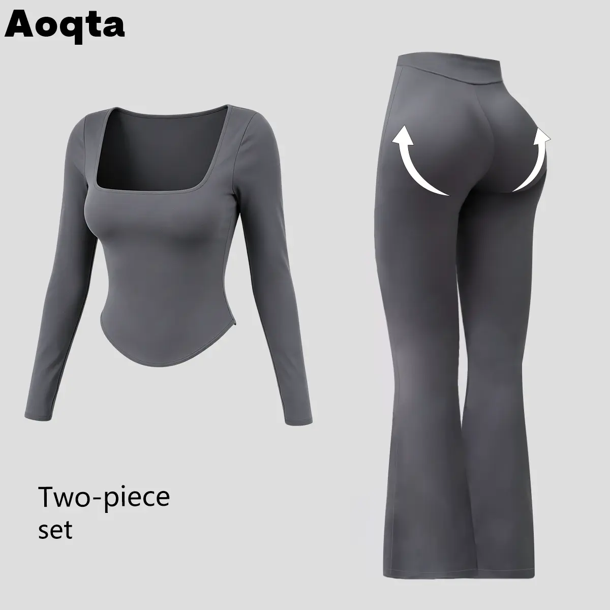 Aoqta Women’s 2-Piece Workout Set - Square Neck Long Sleeve Top, High Waist Butt Lifting Flare Leg Pants, Machine Washable Gym Wear for Gym, Fitness