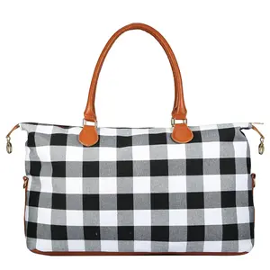 Women's PU Leather Buffalo Plaid Duffle Bag - Large Travel Tote with 110lbs Max Load, Zippered Closure, Shoulder Handle, Machine Washable for Weekend Trips & Daily Use