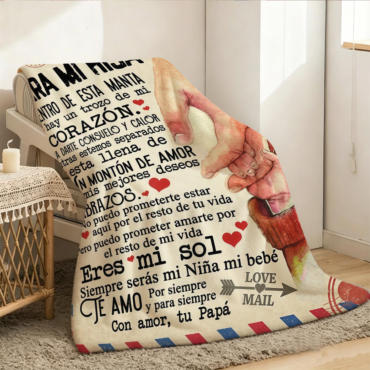 Spanish Letter Blanket For My Daughter From Dad, Para Mi Hija Manta Regalo, Heartfelt Sentimental Throw Blanket, Vintage Airmail Flannel Blanket Gift For Birthday Christmas Graduation