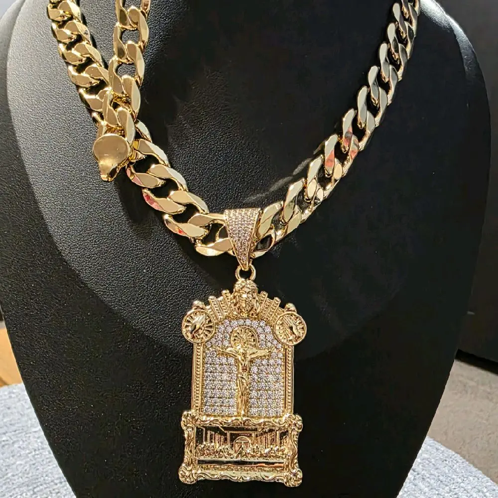 Men's Elegant Jewelry Set, 14k Gold Plated Matching Necklace + Bracelet Set, 27.5in Zirconia Pendant Chain & 9in Bracelet for Everyday Wear
