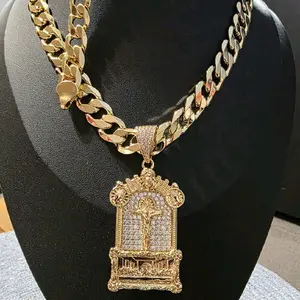 Elegant 14k Gold Plated Mens Set with Zirconia Pendent 23 1/2 Inch Chain & 9 Inch Bracelet