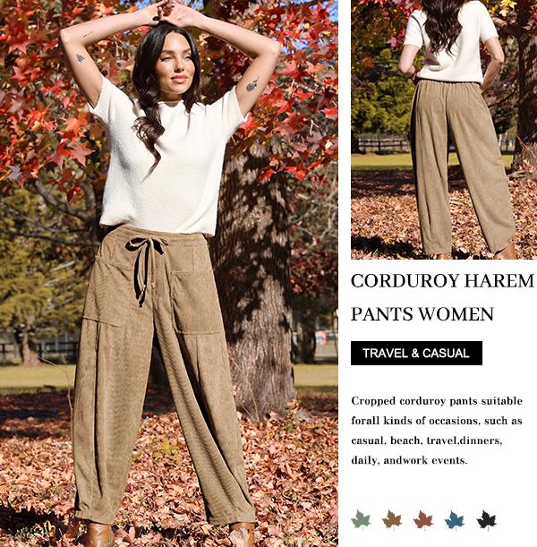 TARSE Women’s Corduroy Wide Leg Pants Baggy Minimalist Boho Pants Casual Elastic Waisted Palazzo Harem Pants with Pockets Trendy Barrel Trousers Halloween Womenswear Loose