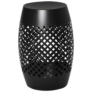 12.5" Steel Outdoor Side Table | Round Hollow Drum Patio Accent Table, Black