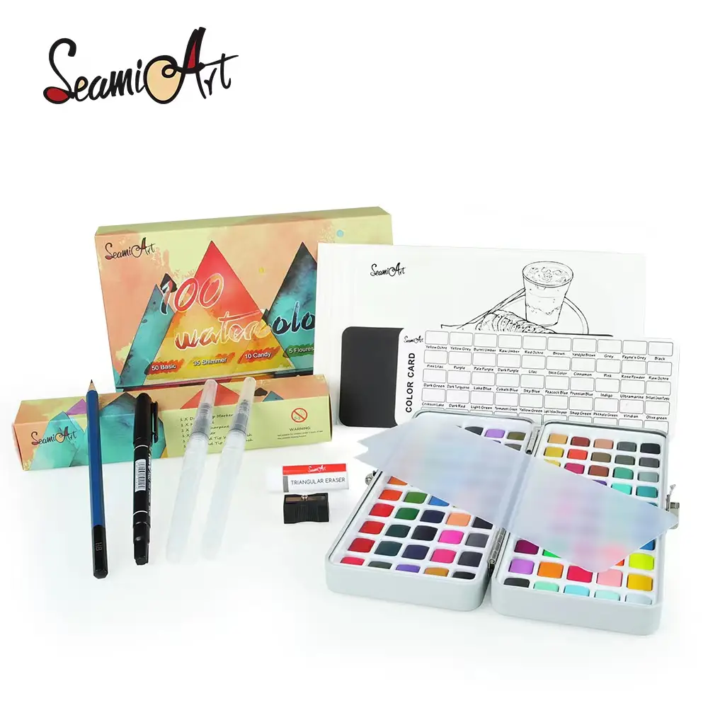 SeamiArt Watercolor Paint Set 100 Colors in Metallic Gift Box Includes Metallic, Pearlescent and Fluorescent Colors Portable Watercolor Paints with Wa