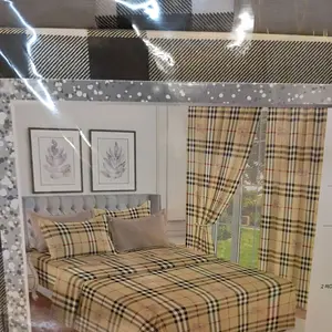 8 pcs Sheet Set with Curtains King Size Plaid Design for Cozy Bedroom Decor