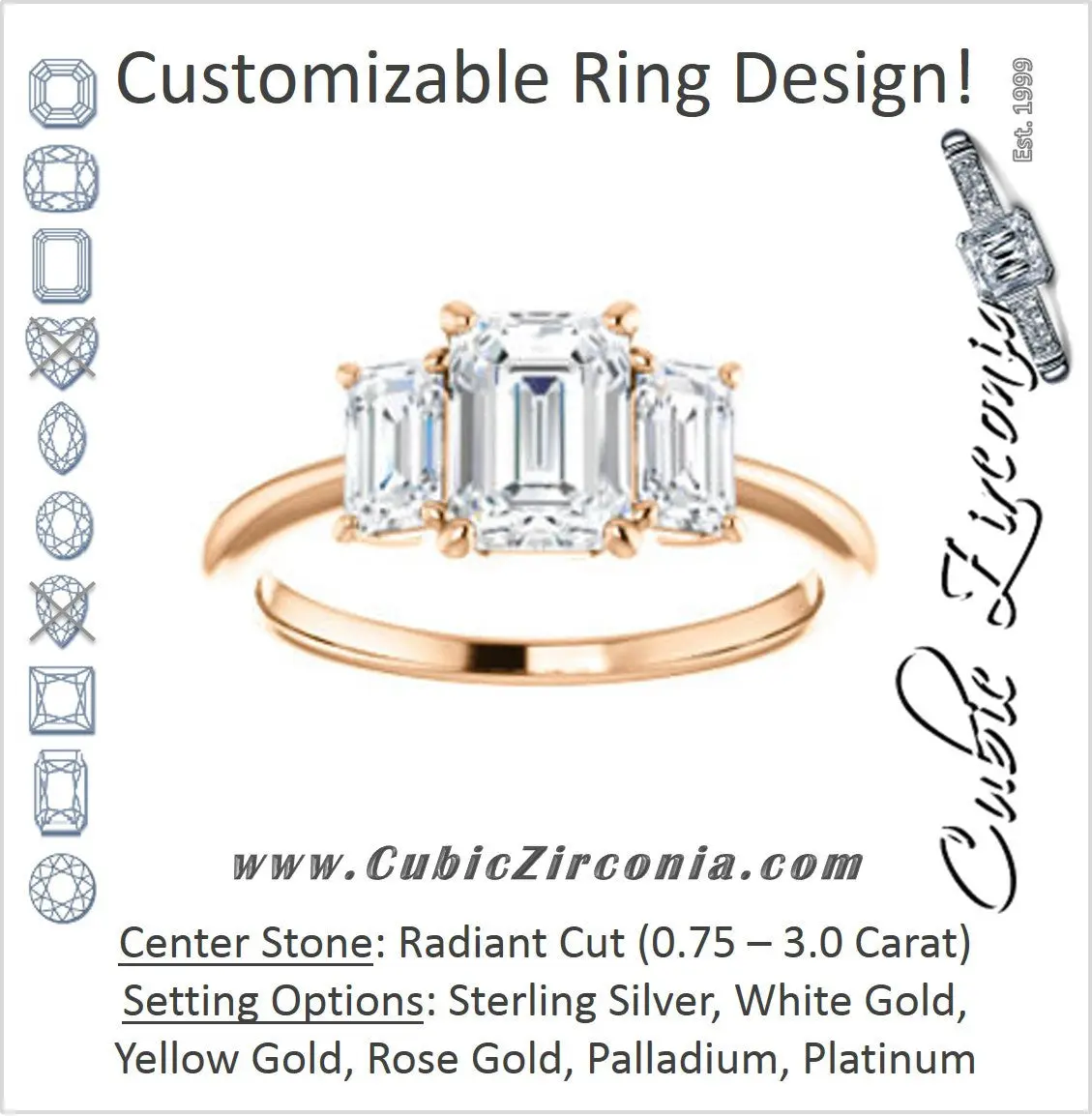 Cubic Zirconia Engagement Ring- The Andrea (Customizable Radiant Cut 3-stone with Dual Emerald Cut Accents)