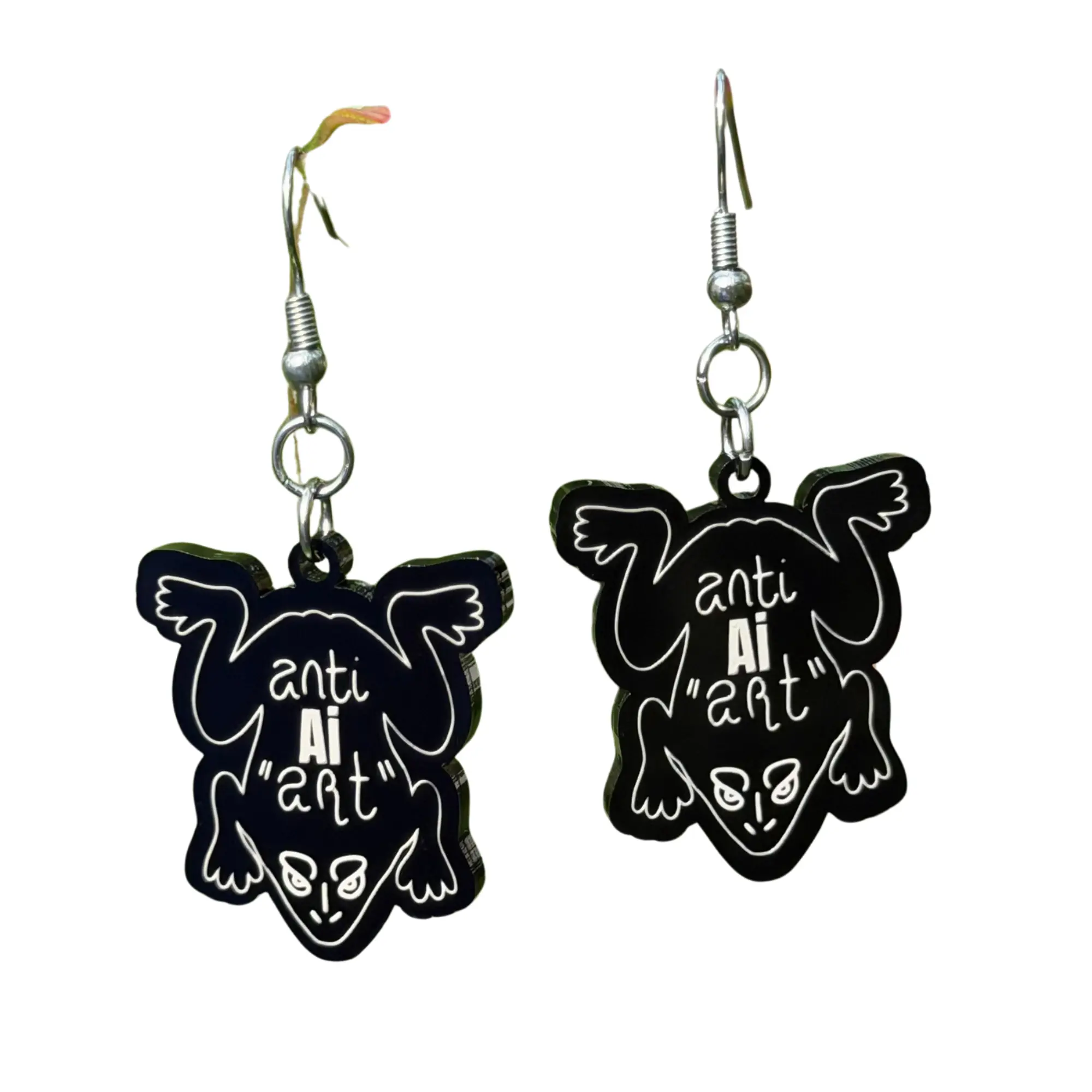Anti Ai Art Frog Earrings - Unique Black Design with "Anti Ai Art" Text - Perfect for Fashion Enthusiasts