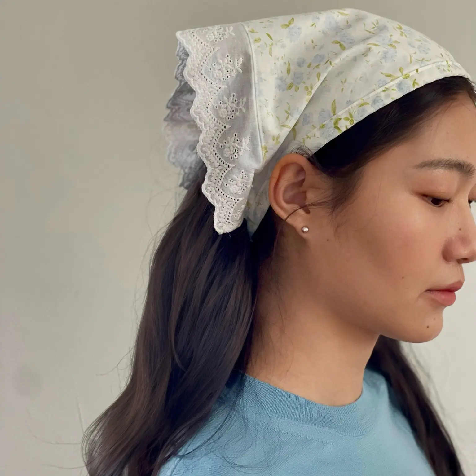Blue Floral Triangle Bandana Embroidered Lace Trim Cotton Kerchief Personalized Gift