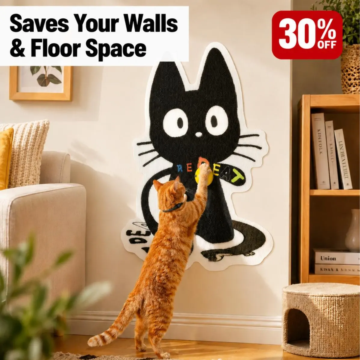 REPET Wall Mounted Cat Scratcher | Peel & Stick No-Damage Scratching Pad, Foldable Space-Saving | Renter-Friendly Cat Furniture Protector, Cute Cat Wall Scratch Board