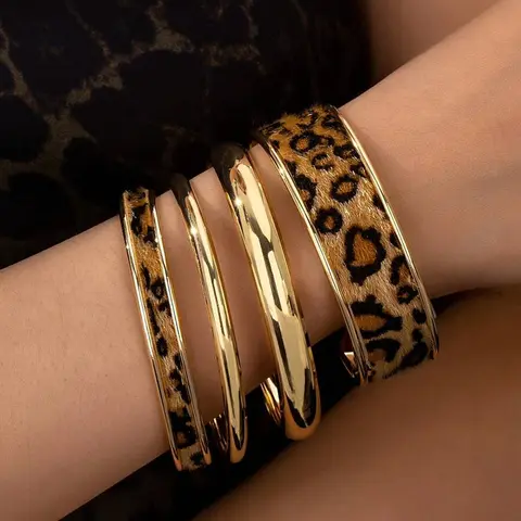 4-Piece Golden & Leopard Bracelet Set for Women, Mixed Stackable Bangles & Cuff, Polished Gold Tone Trendy for Daily Wear, Trendy Jewellery Accessories, Fashion Bracelets