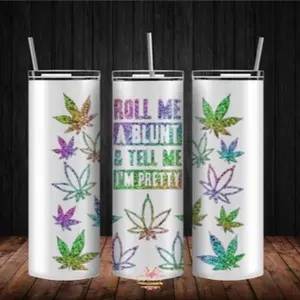 20oz Roll Me a Blunt and Tell Me I'm Pretty Tumbler Cup with Splash-Free Lid, Metal Straw, and Cleaning Brush - Bottle, Drinkware tumblers Flasks Stainless