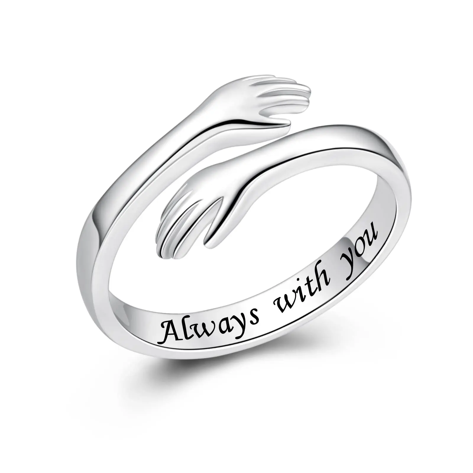 Silver Adjustable Hugs Motif Heart Design Ring - Engraved "Always With You" Female Costume Jewelry, Love Symbol Birthday Gift for Granddaughter, Fits Various Finger Sizes, Daily Wear Fashion Accessory
