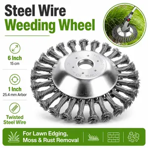 Steel Wire Weeding Wheel 6 Inch, Twisted Wire Brush Cutter Head with 1 Inch Arbor, Heavy Duty Weed Trimmer Attachment for Lawn Edging, Moss Removal, Rust Cleaning and Pavement Crack Cleanup