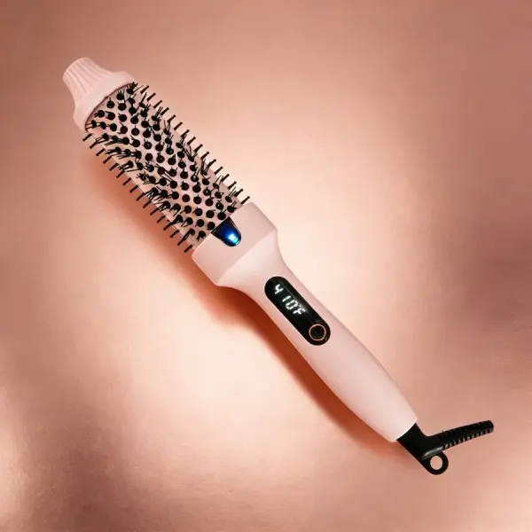 1.5-Inch Pink Heated Curling Brush, 2-Min Quick Heat, LED Display, Dual Voltage Hair Styling Tool, Frizz-Resistant Long-Lasting Soft Curls for All Hair Types Smooth Smooth