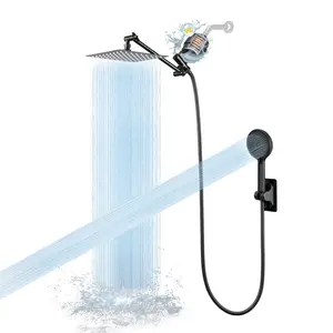 10-inch high-pressure rainfall and handheld shower combo set featuring 20-stage filtration and 3–5 spray modes; includes an 11-inch adjustable extension arm, a 60-inch hose, and a drill-free mount; matte black finish; dual-shower system.
