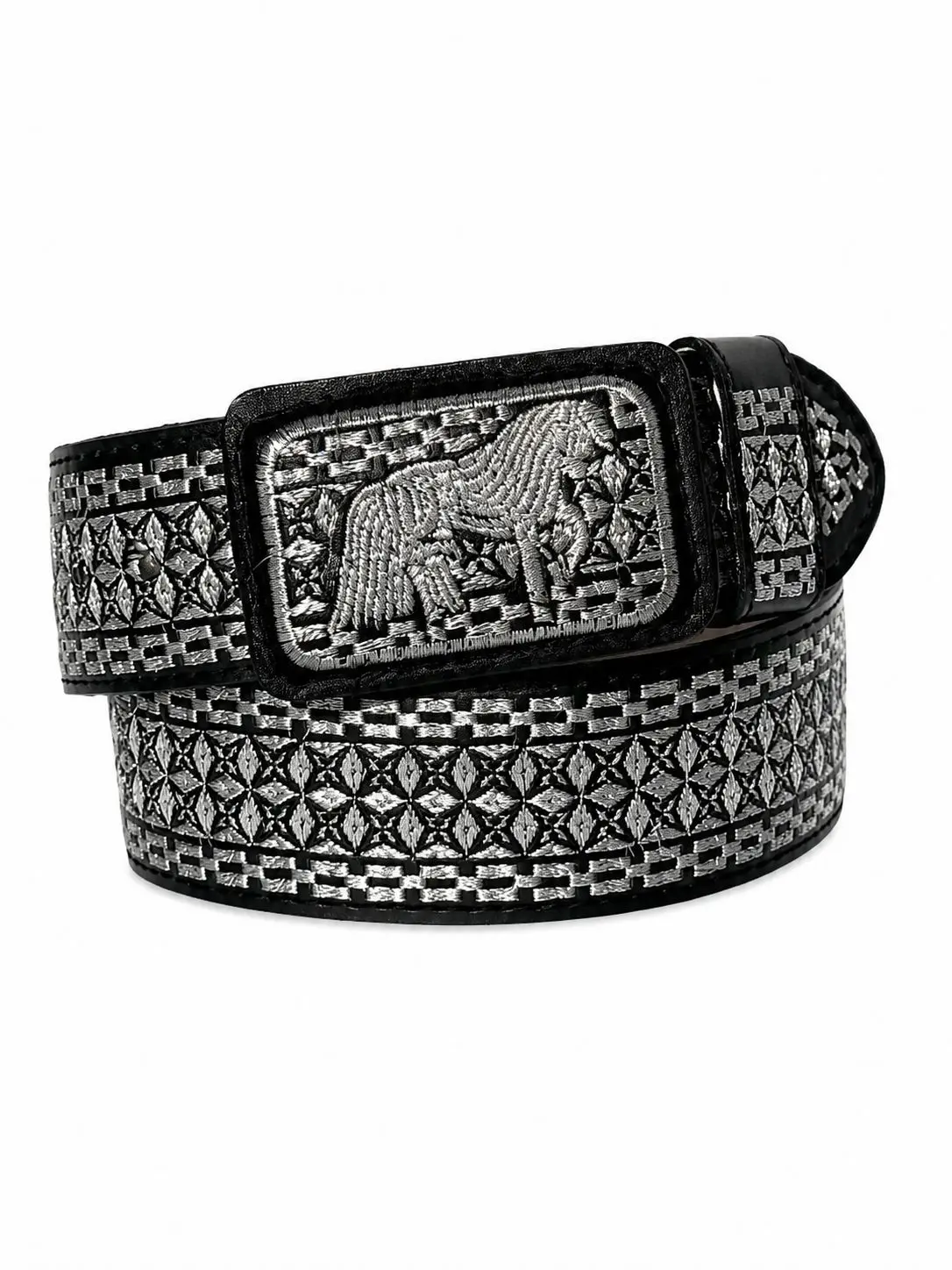 Men's Black and Silver Machine Embroidered "Galante" 2-in-1 Western Thick Cow Hide Belt, Quality Materials, Rectangular Buckle for Everyday Wear, Special Events