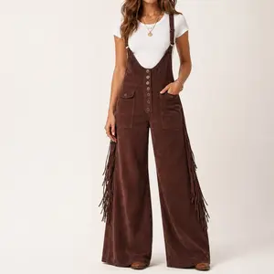 Wide Leg Corduroy Overalls with Fringe - Bohemian Style Patchwork Suede Flare Pant Jumpsuit, Retro Boho Vibe