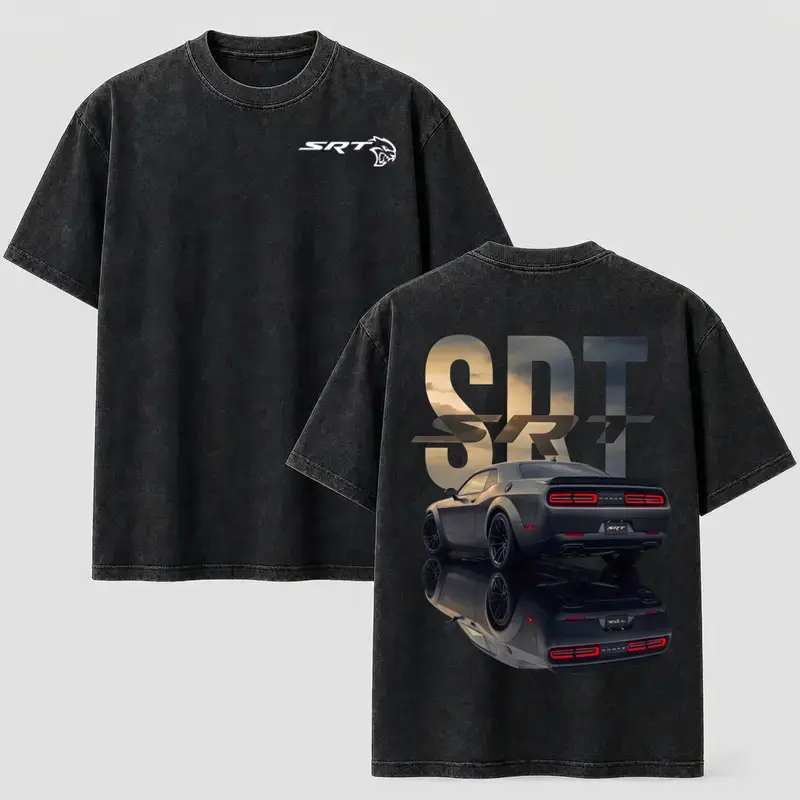 Men's 100% Cotton Vintage Wash Oversized Short-Sleeve Dodge Challenger SRT Hellcat Graphic Humor T-Shirt, Menswear Car-Print Tops