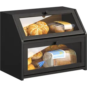 Farmhouse Bread Box for Kitchen Countertop Bread box Double Layer Bamboo Wooden Extra Large Capacity Bin Kitchen Food Storage Container(Black)