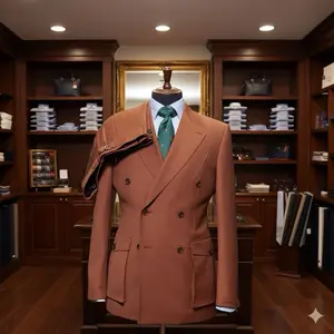 Men's Double-Breasted Suit Jacket with Green Tie and White Collar