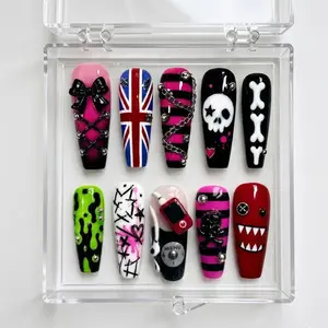 Y2K Scene Press On Nails | Neon Emo Punk Skull Chain Bow Music Player Set