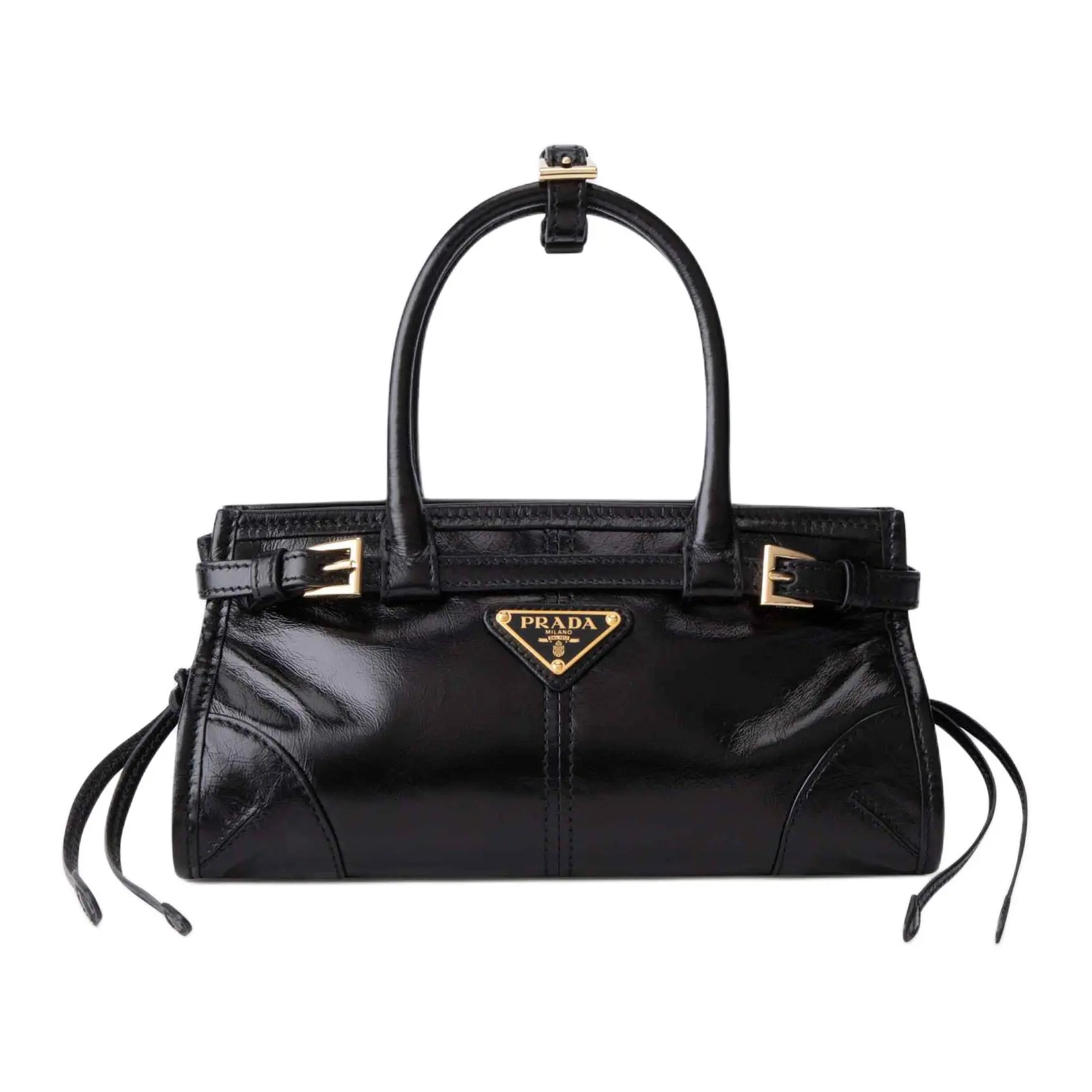 Women's Prada Bonnie Mini Leather Handheld Bag - Fashionable Unique Bags with Geometric Triangle Metal Logo, Black